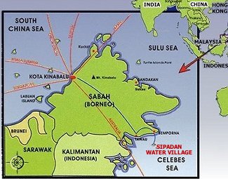 Map of Sabah, Borneo, showing Kota Kinabalu, Sandakan, Tawau, Semporna and Sipadan Water Village